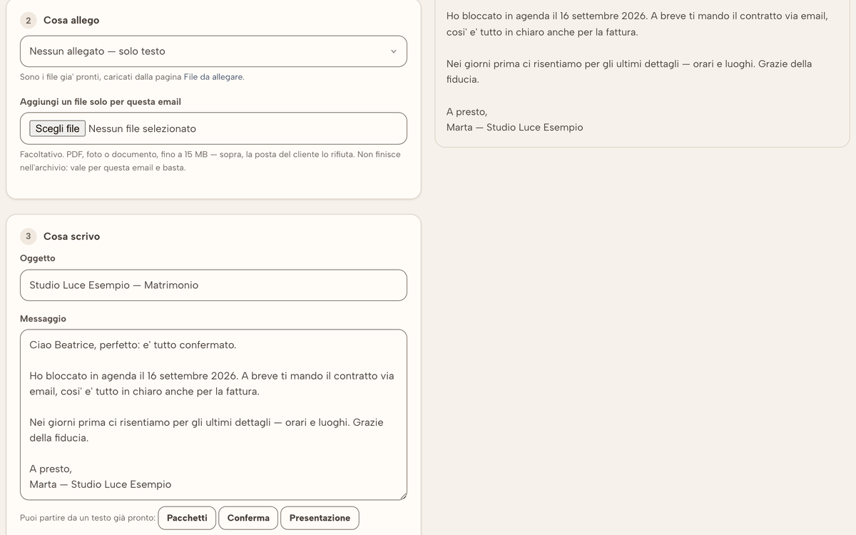 La pagina Invia Email: il messaggio a un cliente con l’allegato, la firma dello studio in fondo e i pulsanti dei testi già pronti.