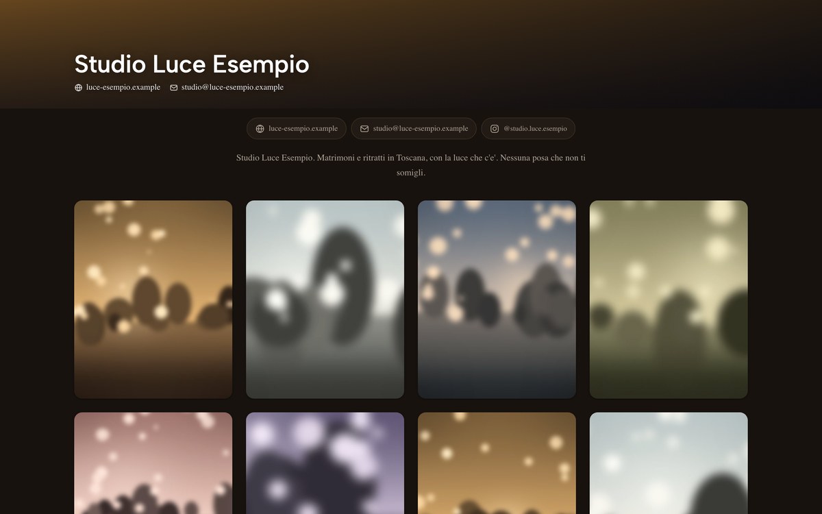 Il portfolio pubblico di uno studio: copertina, due righe di presentazione e la griglia delle fotografie scelte.