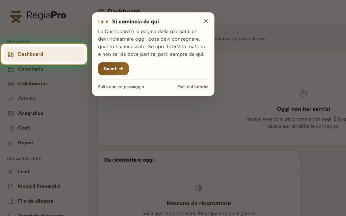 La pagina Guide col passo per passo, e la visita guidata accesa che tiene illuminato un pulsante.