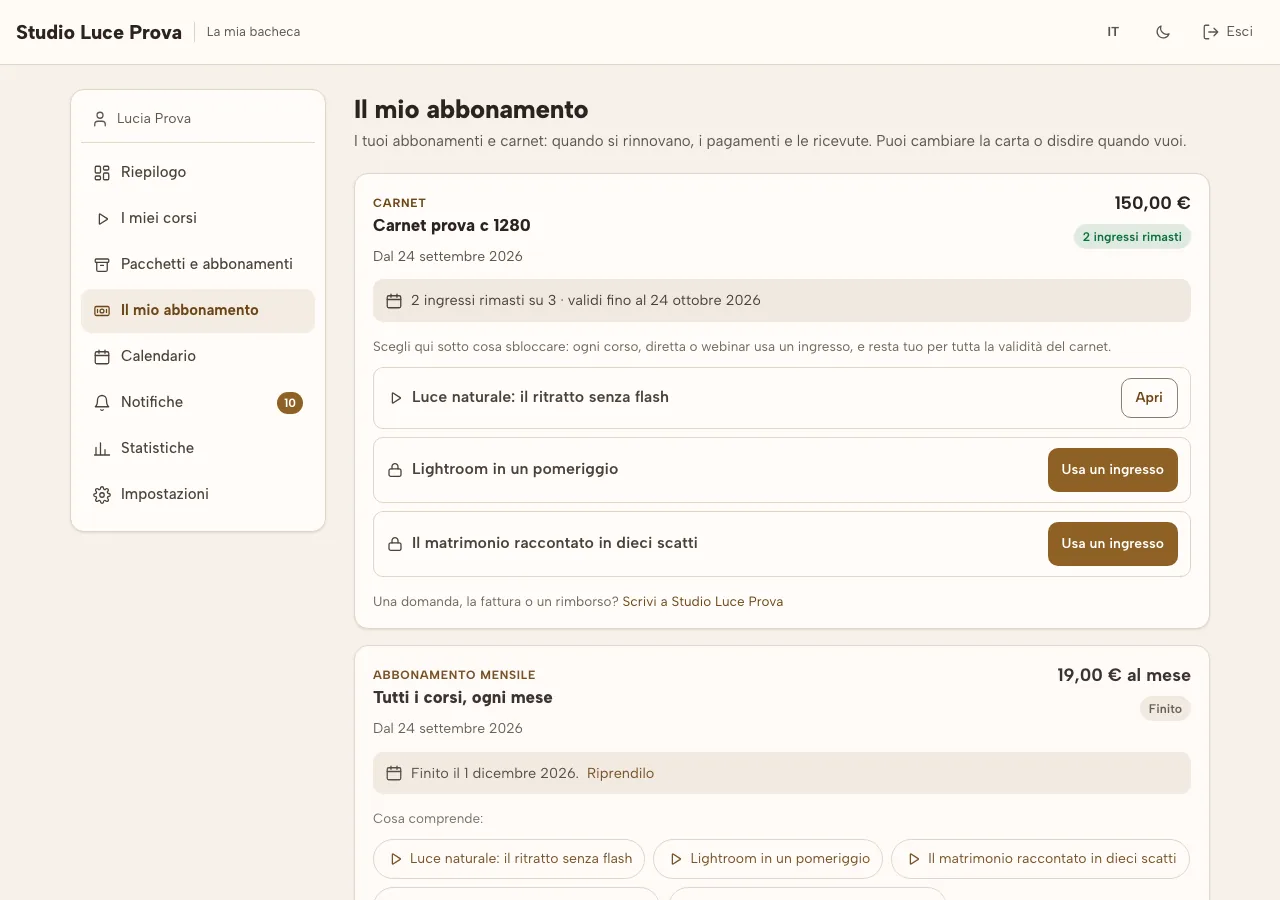Un carnet con gli ingressi rimasti e la scadenza, e i corsi da sbloccare con un ingresso