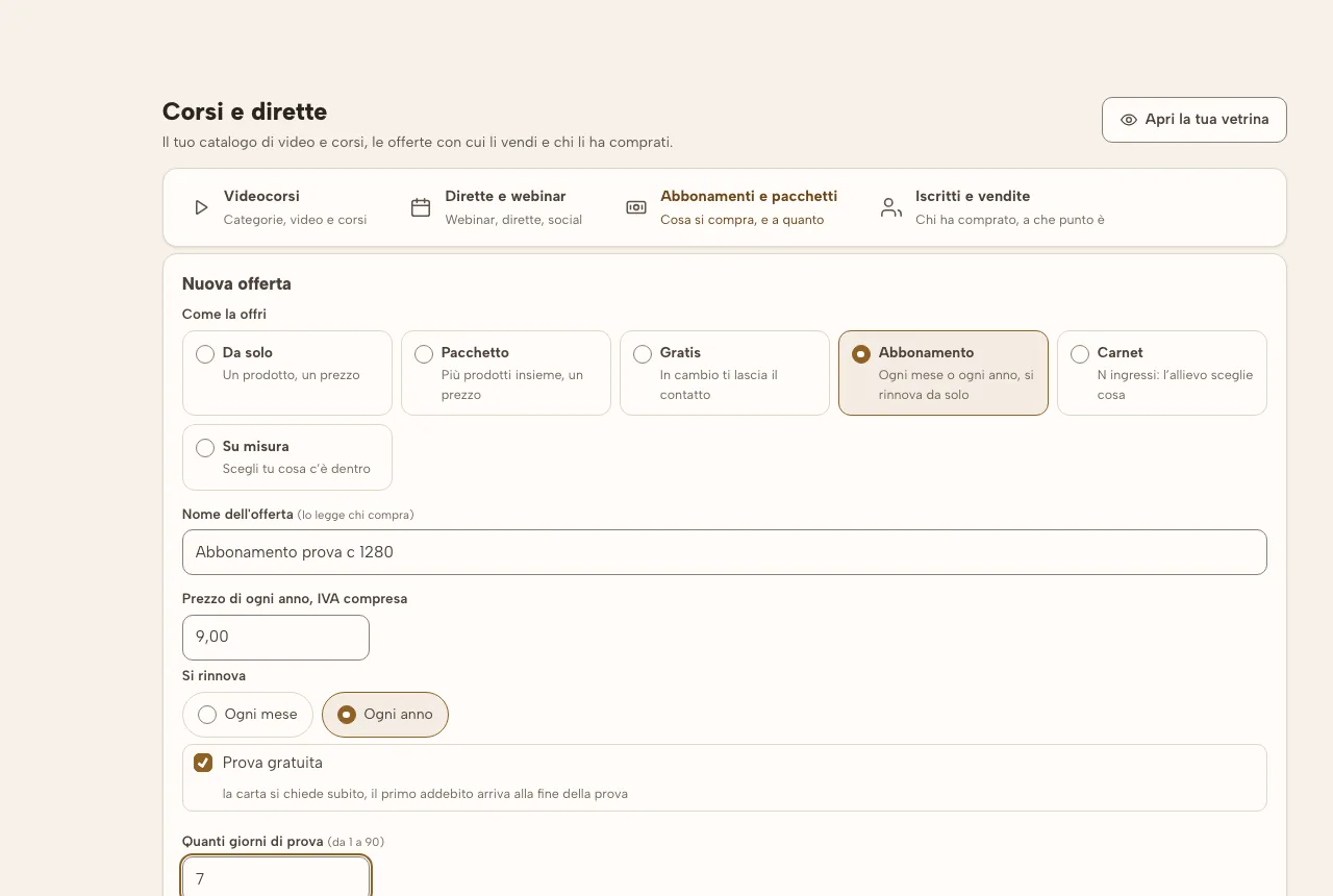 Nuova offerta: da solo, pacchetto, gratis, abbonamento, carnet o su misura, il prezzo, ogni mese o ogni anno, la prova gratuita