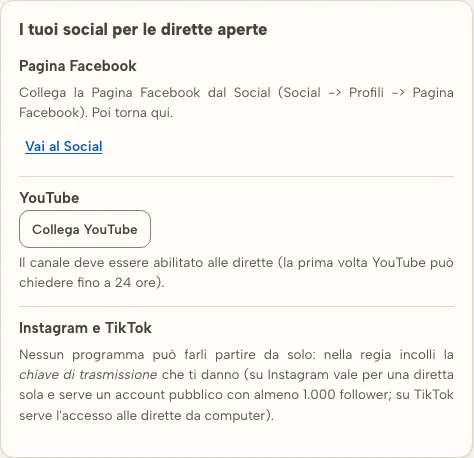 I social collegati per le dirette aperte