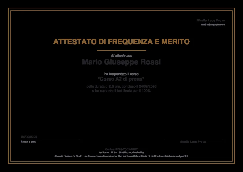 Un attestato di frequenza e merito in PDF, con il nome dell’allievo, il corso, le ore, la firma e il codice di verifica