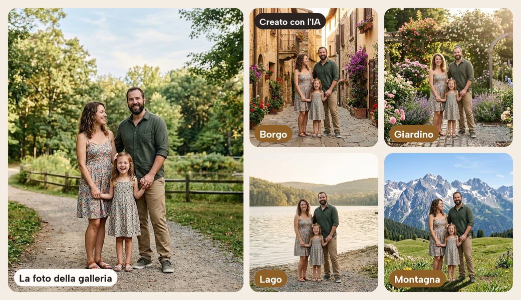 Créer avec l’IA : à partir d’une photo de la galerie, la même famille dans un village, dans un jardin, au lac et à la montagne (images créées avec l’IA)