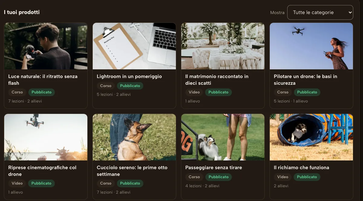 Il catalogo: I tuoi corsi in un colpo d'occhio, con le lezioni e gli allievi di ognuno.