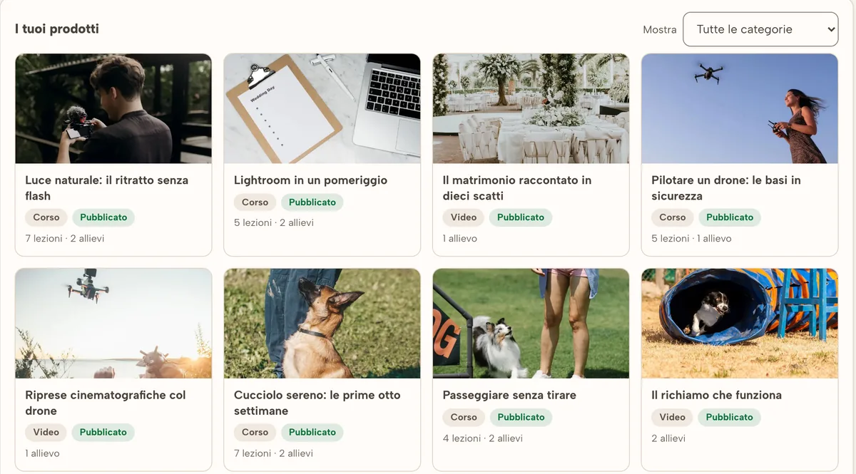 Il catalogo: I tuoi corsi in un colpo d'occhio, con le lezioni e gli allievi di ognuno.