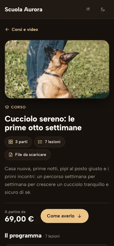 La pagina del corso «Cucciolo sereno» vista dal telefono