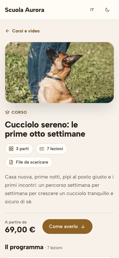 La pagina del corso «Cucciolo sereno» vista dal telefono