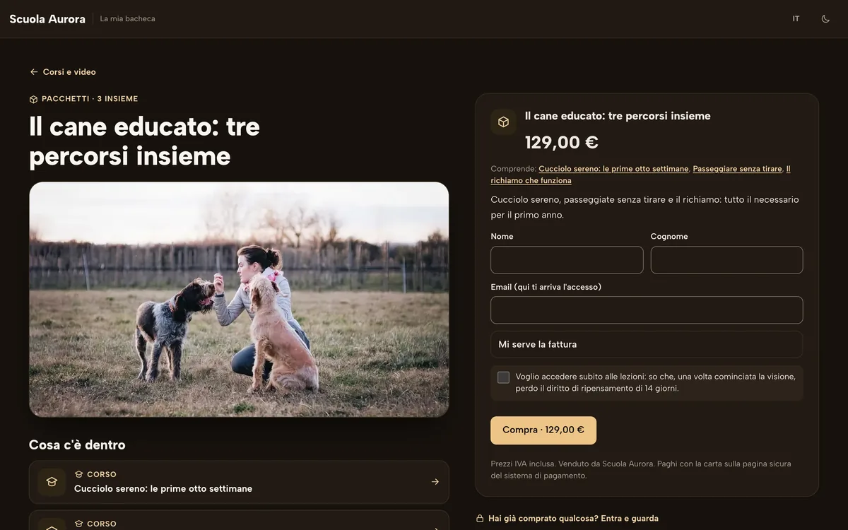 La pagina di un pacchetto di tre corsi per il cane, con il prezzo e il modulo per comprare