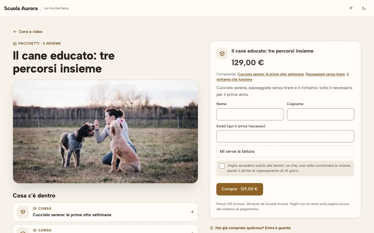 La pagina di un pacchetto di tre corsi per il cane, con il prezzo e il modulo per comprare