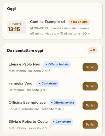 La pagina iniziale di RegiaPro dal telefono: il lavoro di oggi e chi ricontattare