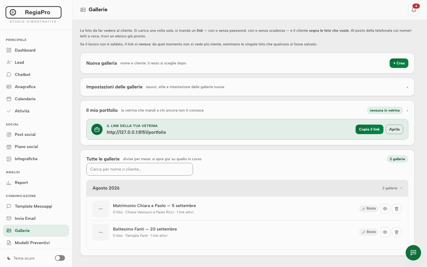 La pagina Gallerie di RegiaPro: due gallerie di consegna divise per mese, con il link della vetrina pubblica.