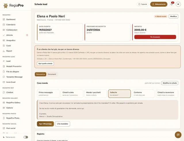 La fiche d’un client dans RegiaPro : date de l’événement, prochaine relance, montant et message WhatsApp déjà écrit (données fictives)