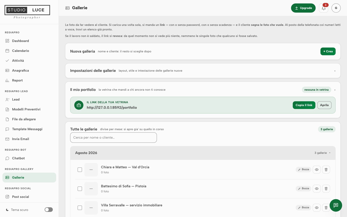 Il menu di RegiaPro raggruppato per moduli: sotto la voce RegiaPro Bot c’è Chatbot, accanto alle sezioni di Lead, Gallery e Social.