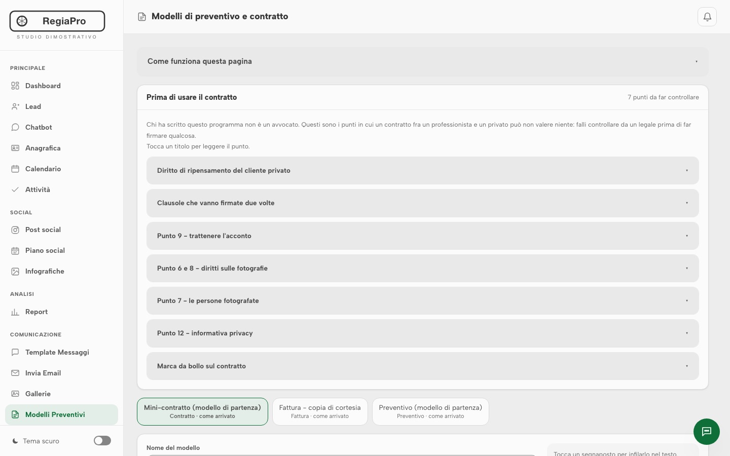 I modelli di preventivo e contratto in RegiaPro, con sopra l’avviso «prima di usare il contratto» e i sette punti da far controllare a un legale, uno per uno.