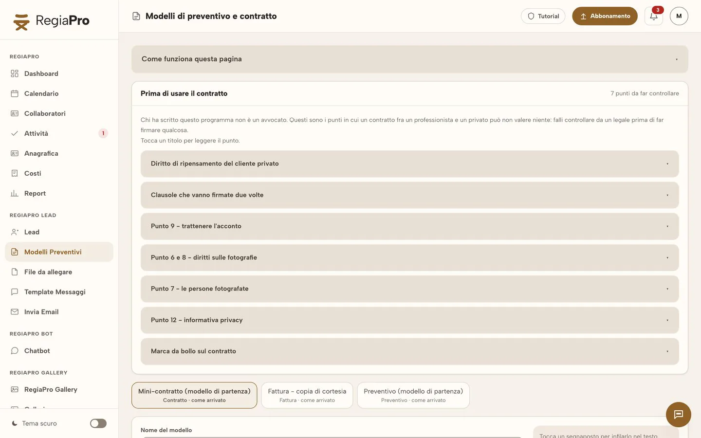La pagina dei modelli di preventivo e contratto di RegiaPro, con i punti da far controllare al legale