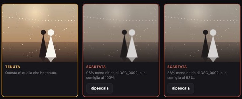 Dentro una raffica: lo scatto tenuto e i due scartati, con scritto di quanto sono meno nitidi e il tasto «Ripescala».