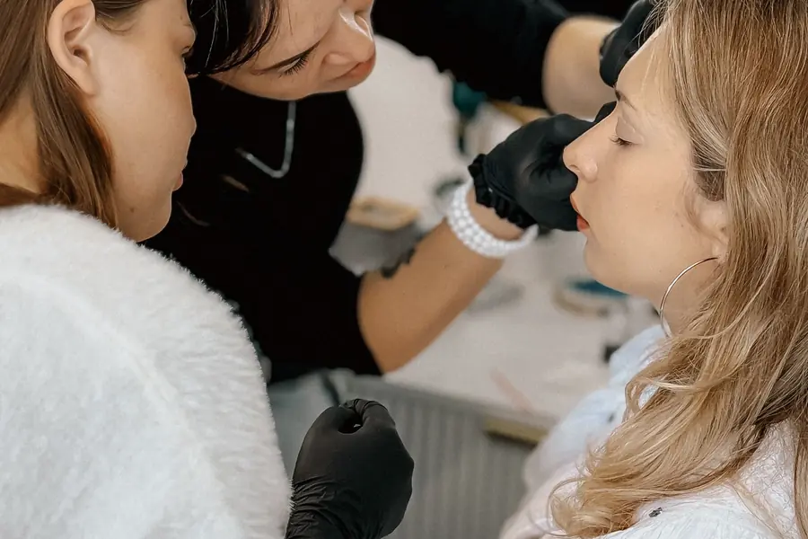 Allieve che provano il trucco in aula durante un corso