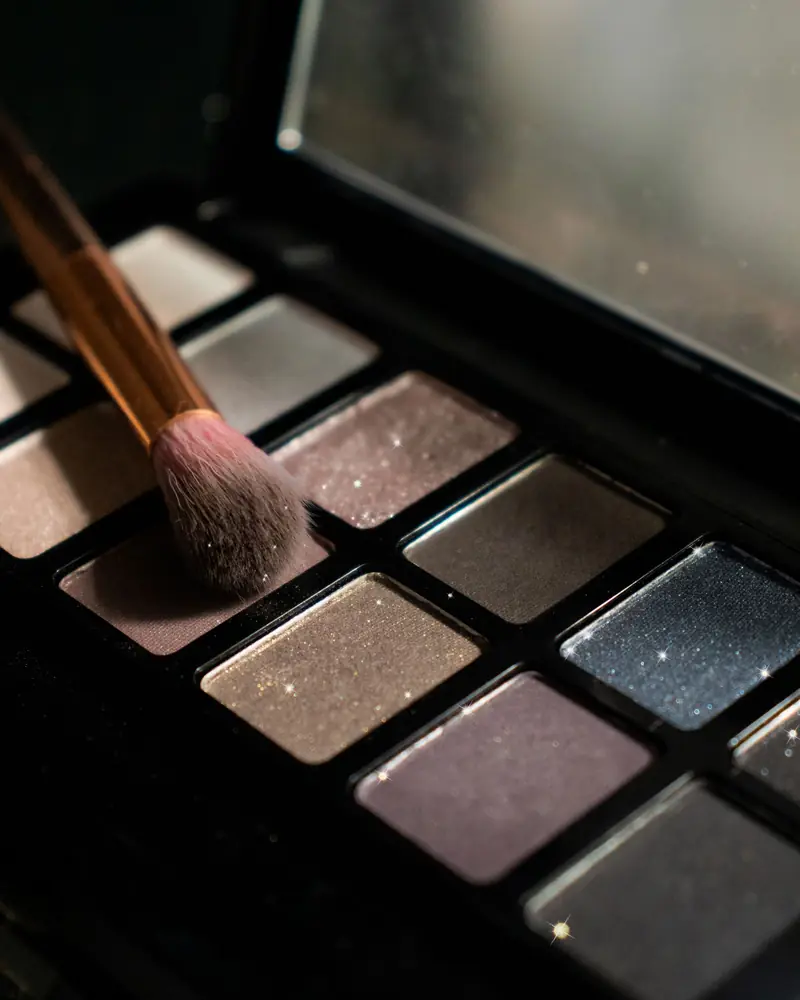 Palette di ombretti e pennello da trucco, da vicino