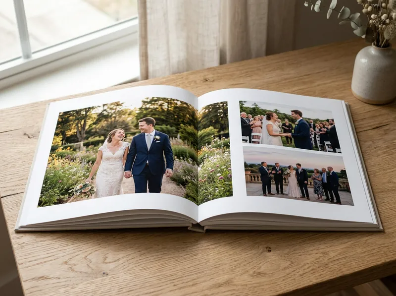 Un album de mariage ouvert sur la table, avec les photos des mariés mises en page
