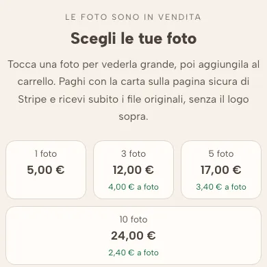 Il listino sulla pagina di vendita: 1 foto 5 euro, 3 foto 12 euro, 5 foto 17 euro, 10 foto 24 euro