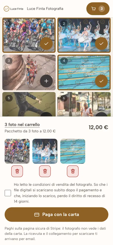 Il carrello dal telefono: tre foto scelte, il pacchetto da 12 euro e il pulsante per pagare con la carta