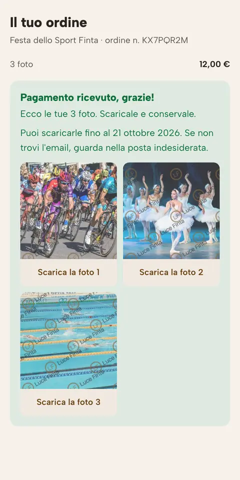 La pagina dell’ordine pagato: pagamento ricevuto e i pulsanti per scaricare le foto