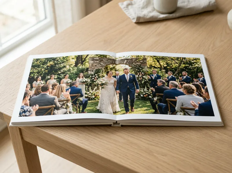 A wedding photo book open on a wooden table, with photos of the couple and the guests