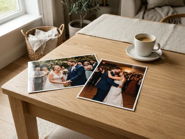 Two 13x18 prints on a table next to a cup