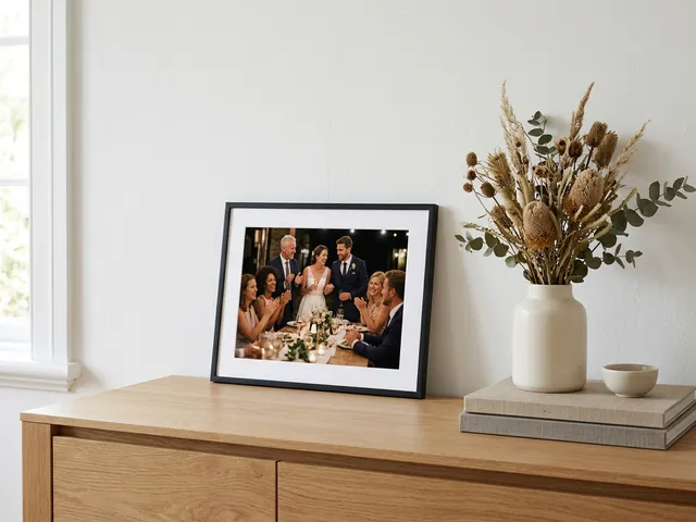 A framed 20x30 print standing on a sideboard