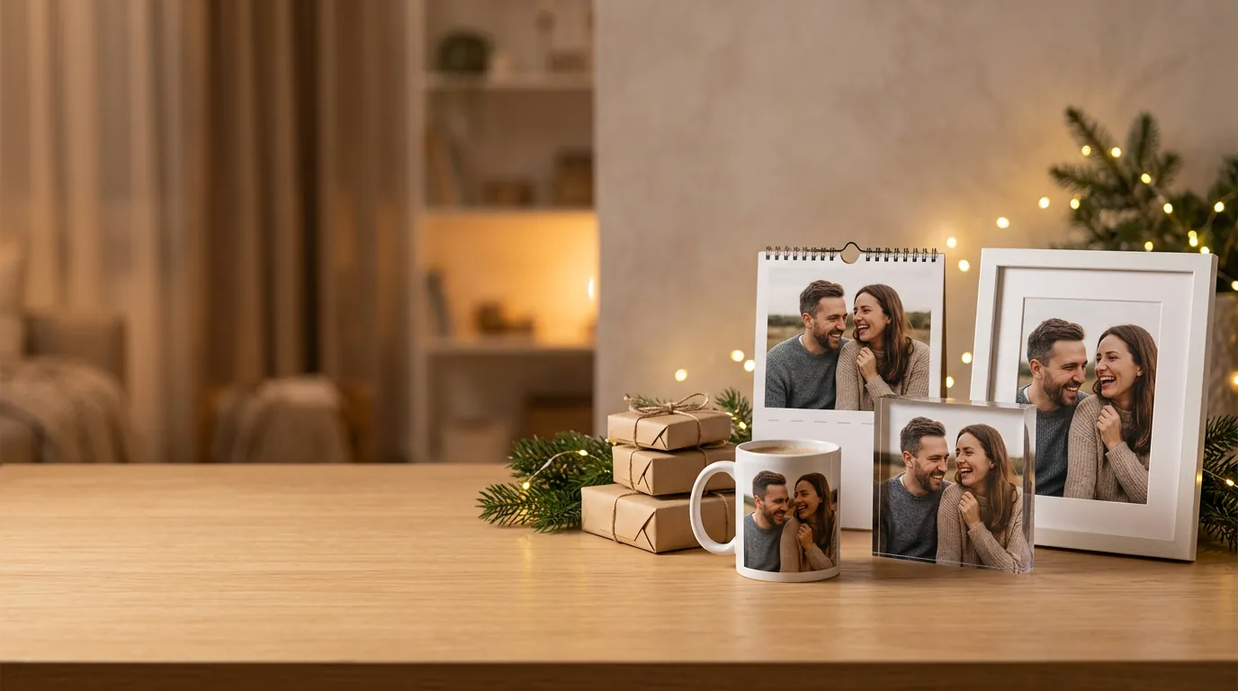 Gifts with a couple’s photos on a Christmas table: mug and frames