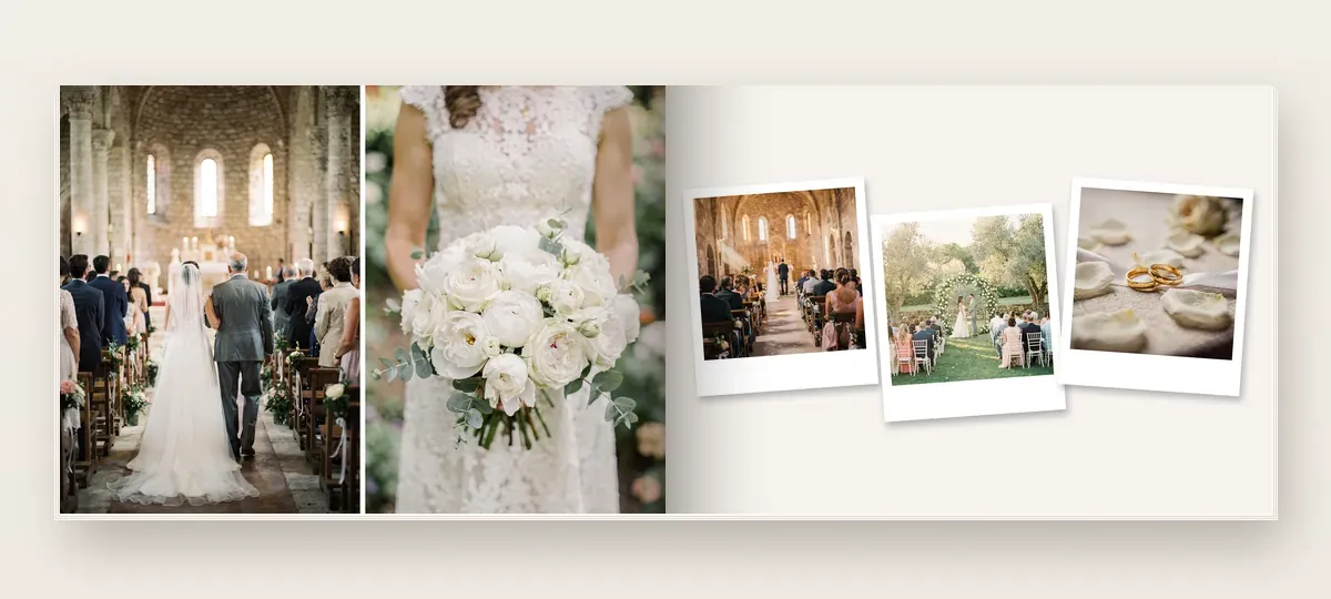 The Classic style: a spread with the church, the bouquet and three small photos