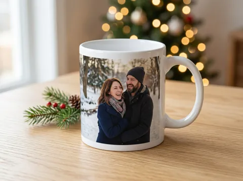 A mug with a photo of a couple in the snow